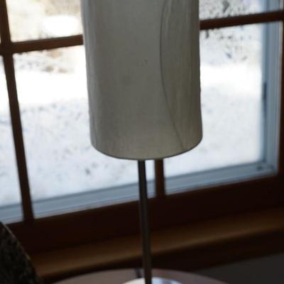 TWO CONTEMPORARY STYLE LAMPS/ ONE WHITE GLOBE FORM /OTHER SIMPLE CHROM SMALL TABLE LAMP