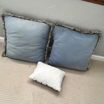 Lot 143 2 blue square throw pillows, small white pillow
