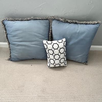 Lot 143 2 blue square throw pillows, small white pillow