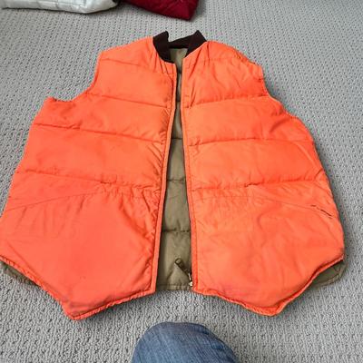 Lot 145 shearling vest, hunting vest (tan and orange) white vest (L)