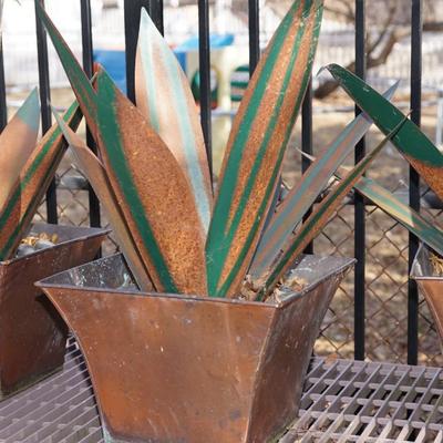 GROUPING OF SCULPTURES OF METAL AGAVe PLANTS IN COPPER POTS