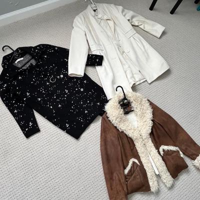 Lot 156 Brown suese coat (L), white dress coat (8), sweater coat (S)