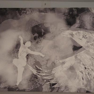 SILOUTTER OF DANCER WITH OPEN WING BIRD OIL ON CANVAS BY CORRINE HEATH