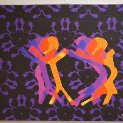 DANCERS IN ORANGE /PURPLE OIL ON CANVAS BY CORRINE HEATH