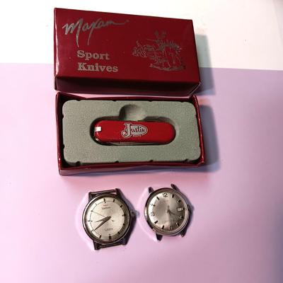 JUSTIN MAXAM SPORTS KNIFE. WORKING WALTHAM WATCH AND TIMEX WATCH THAT DOES NOT WORK