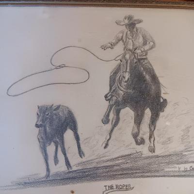 PENCIL SKETCH "THE ROPER" BY COON, ROAD RUNNER LIKE DRIFTWOOD AND A PICTURE OF A MINE