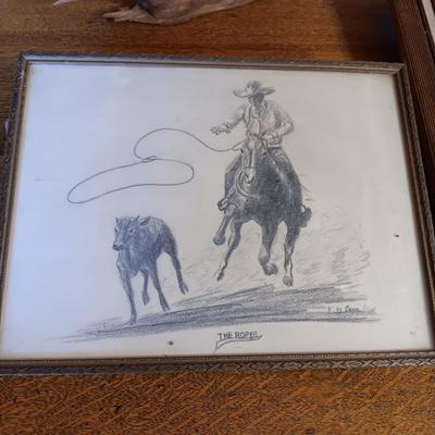 PENCIL SKETCH "THE ROPER" BY COON, ROAD RUNNER LIKE DRIFTWOOD AND A PICTURE OF A MINE