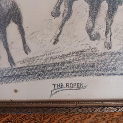 PENCIL SKETCH "THE ROPER" BY COON, ROAD RUNNER LIKE DRIFTWOOD AND A PICTURE OF A MINE
