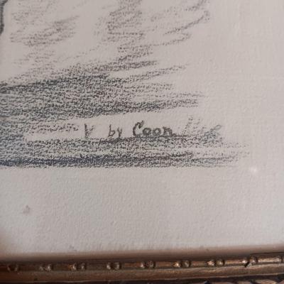 PENCIL SKETCH "THE ROPER" BY COON, ROAD RUNNER LIKE DRIFTWOOD AND A PICTURE OF A MINE