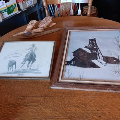 PENCIL SKETCH "THE ROPER" BY COON, ROAD RUNNER LIKE DRIFTWOOD AND A PICTURE OF A MINE