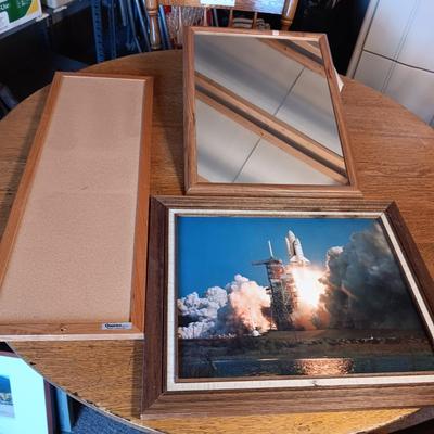 WALL MIRROR, PHOTO OF A SPACE SHUTTLE AND A TALL NARROW CORK BOARD