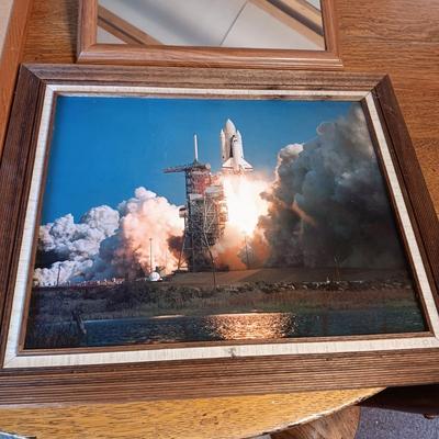 WALL MIRROR, PHOTO OF A SPACE SHUTTLE AND A TALL NARROW CORK BOARD