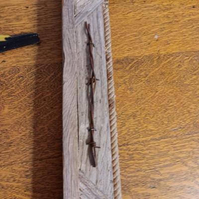 BARN WOOD FRAME WITH ROPE AND BARBED WIRE ACCENTS, CAST IRON ROOSTER & PHOTO OF AN ELK