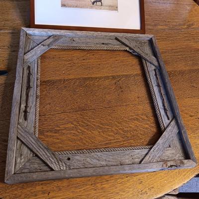 BARN WOOD FRAME WITH ROPE AND BARBED WIRE ACCENTS, CAST IRON ROOSTER & PHOTO OF AN ELK