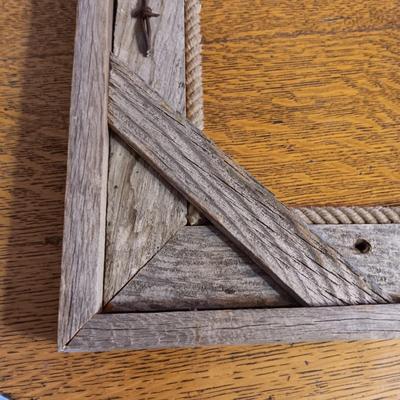 BARN WOOD FRAME WITH ROPE AND BARBED WIRE ACCENTS, CAST IRON ROOSTER & PHOTO OF AN ELK