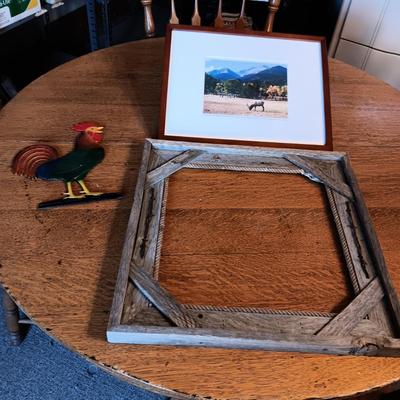 BARN WOOD FRAME WITH ROPE AND BARBED WIRE ACCENTS, CAST IRON ROOSTER & PHOTO OF AN ELK