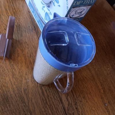 CHIP AND DIP TRAY, BUN WARMER, PITCHER, ULU KNIFE AND TIN COASTERS