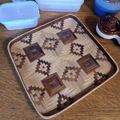 CLAY BOWL W/LID AND CONDIMENT SERVER, FOOD STORAGE CONTAINERS AND WICKER PLATTER