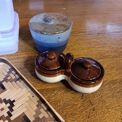 CLAY BOWL W/LID AND CONDIMENT SERVER, FOOD STORAGE CONTAINERS AND WICKER PLATTER