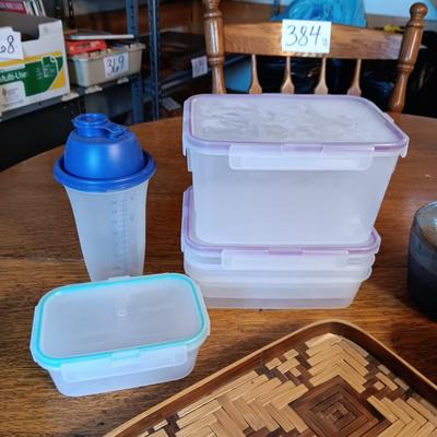 CLAY BOWL W/LID AND CONDIMENT SERVER, FOOD STORAGE CONTAINERS AND WICKER PLATTER