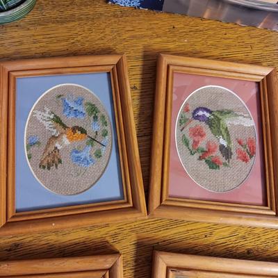 CANDLE GARDEN, 6 NEEDLEPOINT HUMMINGBIRDS, MCCOY POT W/TURTLE WATER GAUGE PLUS HOUSE CANDLE HOLDER