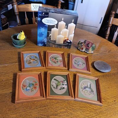 CANDLE GARDEN, 6 NEEDLEPOINT HUMMINGBIRDS, MCCOY POT W/TURTLE WATER GAUGE PLUS HOUSE CANDLE HOLDER