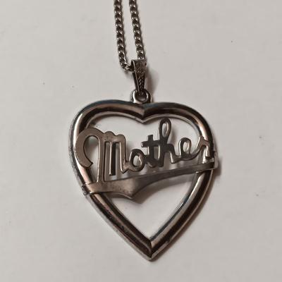 STERLING EARRINGS AND CHAIN, SILVER-TONE "MOTHER" PENDANT AND BROOCH