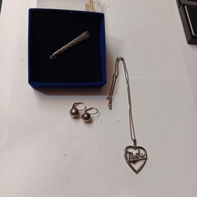 STERLING EARRINGS AND CHAIN, SILVER-TONE "MOTHER" PENDANT AND BROOCH