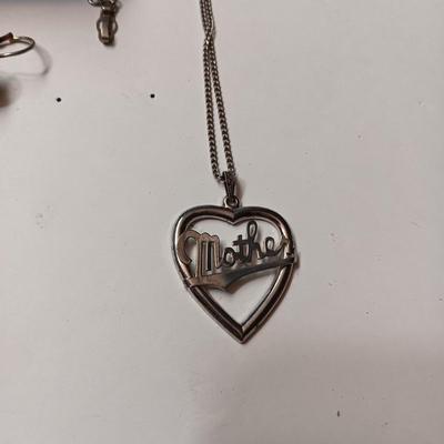 STERLING EARRINGS AND CHAIN, SILVER-TONE "MOTHER" PENDANT AND BROOCH
