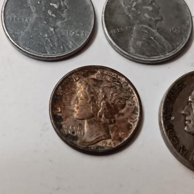1945-W SILVER MERCURY DIME, 1930'S & 1940's WHEAT PENNIES (SEE DESCRIPTION)