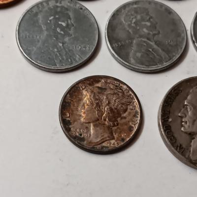 1945-W SILVER MERCURY DIME, 1930'S & 1940's WHEAT PENNIES (SEE DESCRIPTION)