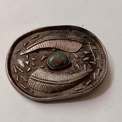 NATIVE AMERICAN MADE STERLING SILVER WITH TURQUOISE STONE BELT BUCKLE