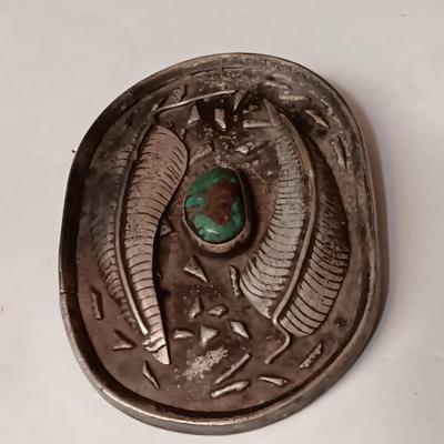 NATIVE AMERICAN MADE STERLING SILVER WITH TURQUOISE STONE BELT BUCKLE