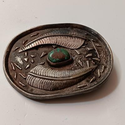 NATIVE AMERICAN MADE STERLING SILVER WITH TURQUOISE STONE BELT BUCKLE