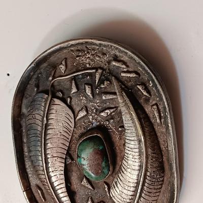 NATIVE AMERICAN MADE STERLING SILVER WITH TURQUOISE STONE BELT BUCKLE