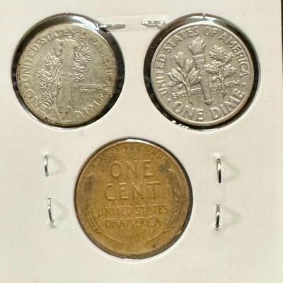 1941 Wheat Penny, 1945 Mercury Dime, 1970 Roosevelt Dime