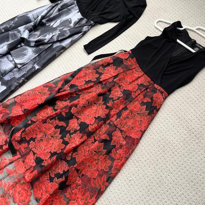 Lot 157 3 dresses black and grey (6), red and black (6), black floral (8)