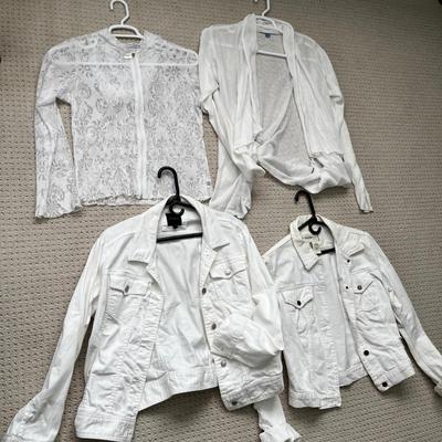 Lot 160 white denim jackets, white sweater, white sheer shirt (1M, 2L, 1XL)