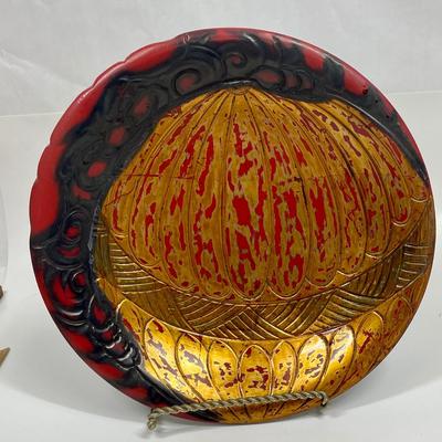 Vintage Gilded Wood Plate or Shallow Bowl with painted design