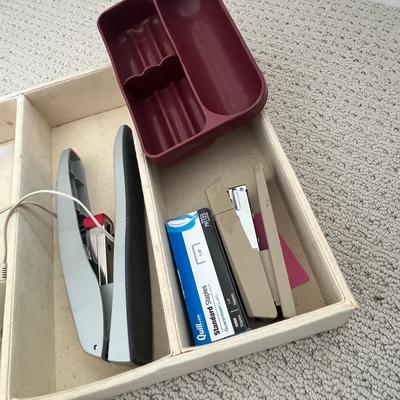 Lot 182 briefcase, office tray with postage scale, staplers, miscellaneous
