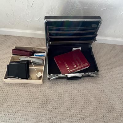 Lot 182 briefcase, office tray with postage scale, staplers, miscellaneous