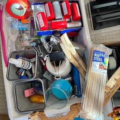 Lot 183 Rubbermaid tote of office supplies and stamps, binder clips, multiple calculators