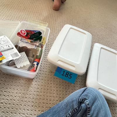 Lot 185 3 plastic bins of labels, glue and sticker labels and numerous exacto knives