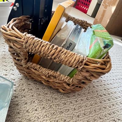 Lot 186 bank bags, plasic box of note pads, basket of photo paper and envelopes, drawer tray with office supplies and postage stamps
