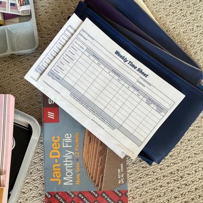 Lot 186 bank bags, plasic box of note pads, basket of photo paper and envelopes, drawer tray with office supplies and postage stamps