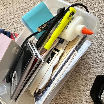 Lot 186 bank bags, plasic box of note pads, basket of photo paper and envelopes, drawer tray with office supplies and postage stamps