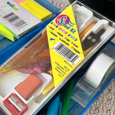 Lot 189 Desktop carosel, pioneer woman scissors, small box of school supplies, box of magnets