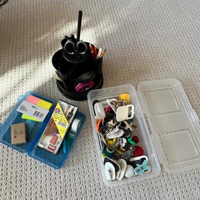 Lot 189 Desktop carosel, pioneer woman scissors, small box of school supplies, box of magnets