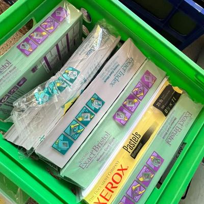 Lot 195 plastic milk crate with 8 reams of colored printer paper and cardstock