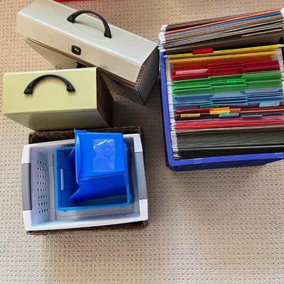 Lot 197 plastic milk crate of file folders, expanding file folders, 4 sizes of baskets